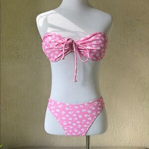 SHEIN Pink Floral Bandeau Tie-Front Bikini Set